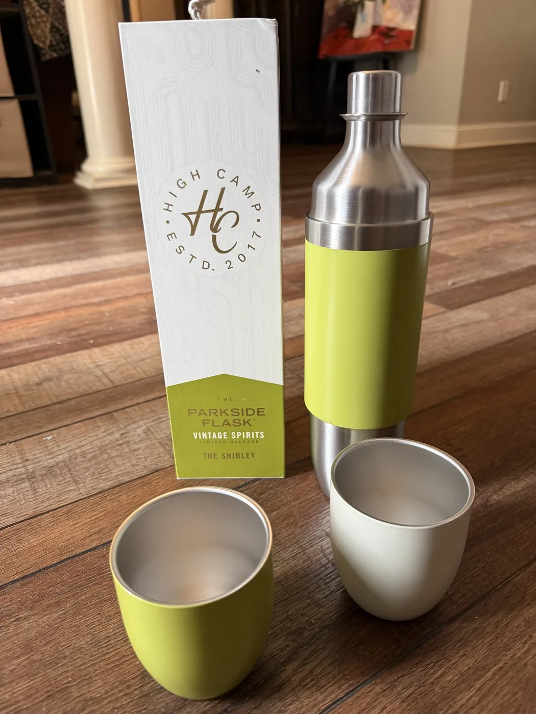 High Camp Vintage Spirits Parkside Flask in The Shirley colorway — stainless steel and olive green two-tone flask with two integrated tumblers