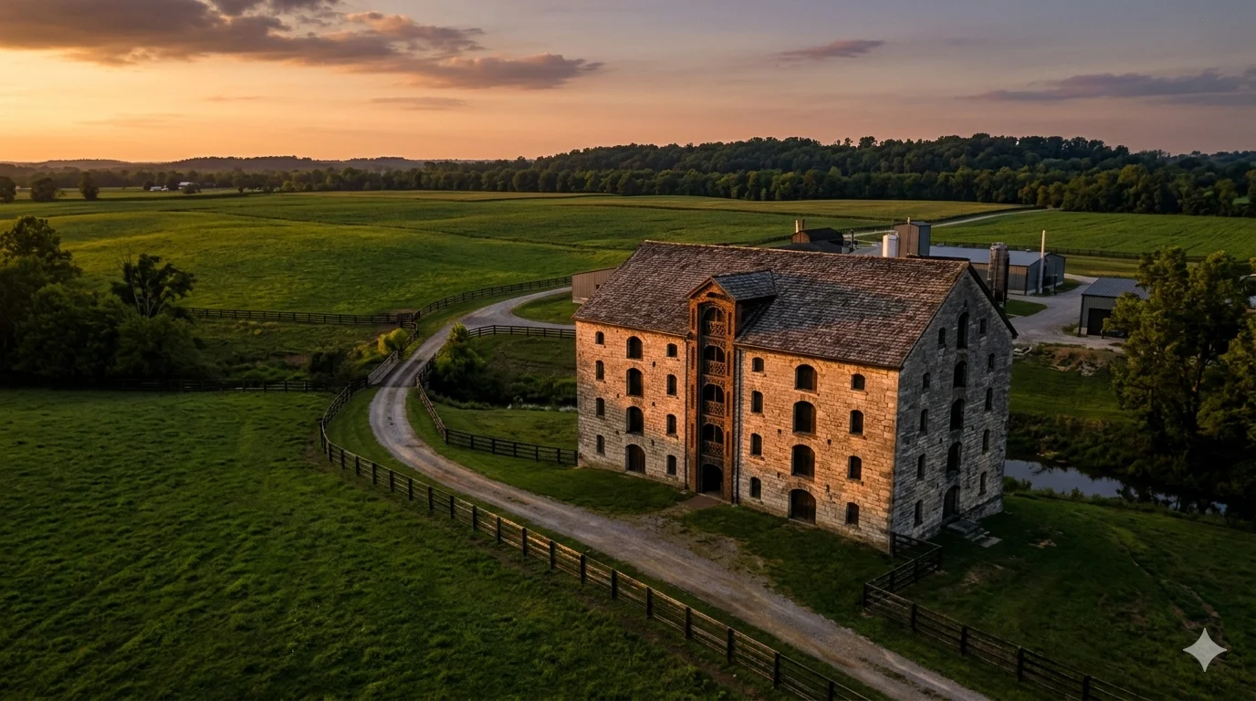 Aerial view of a limestone-block bourbon warehouse on rolling Kentucky bluegrass at sunset