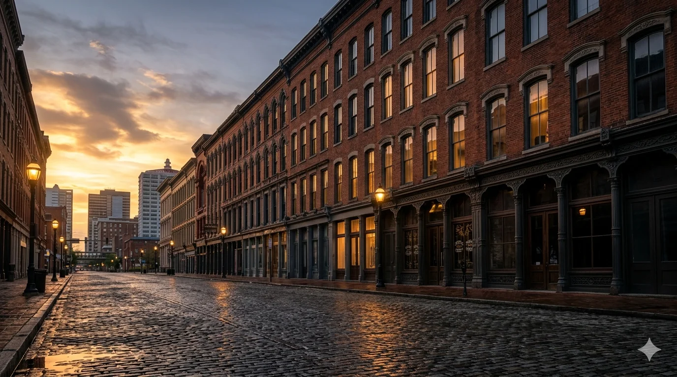 Whiskey Row brick facades and wet cobblestone street at dusk in Louisville, Kentucky