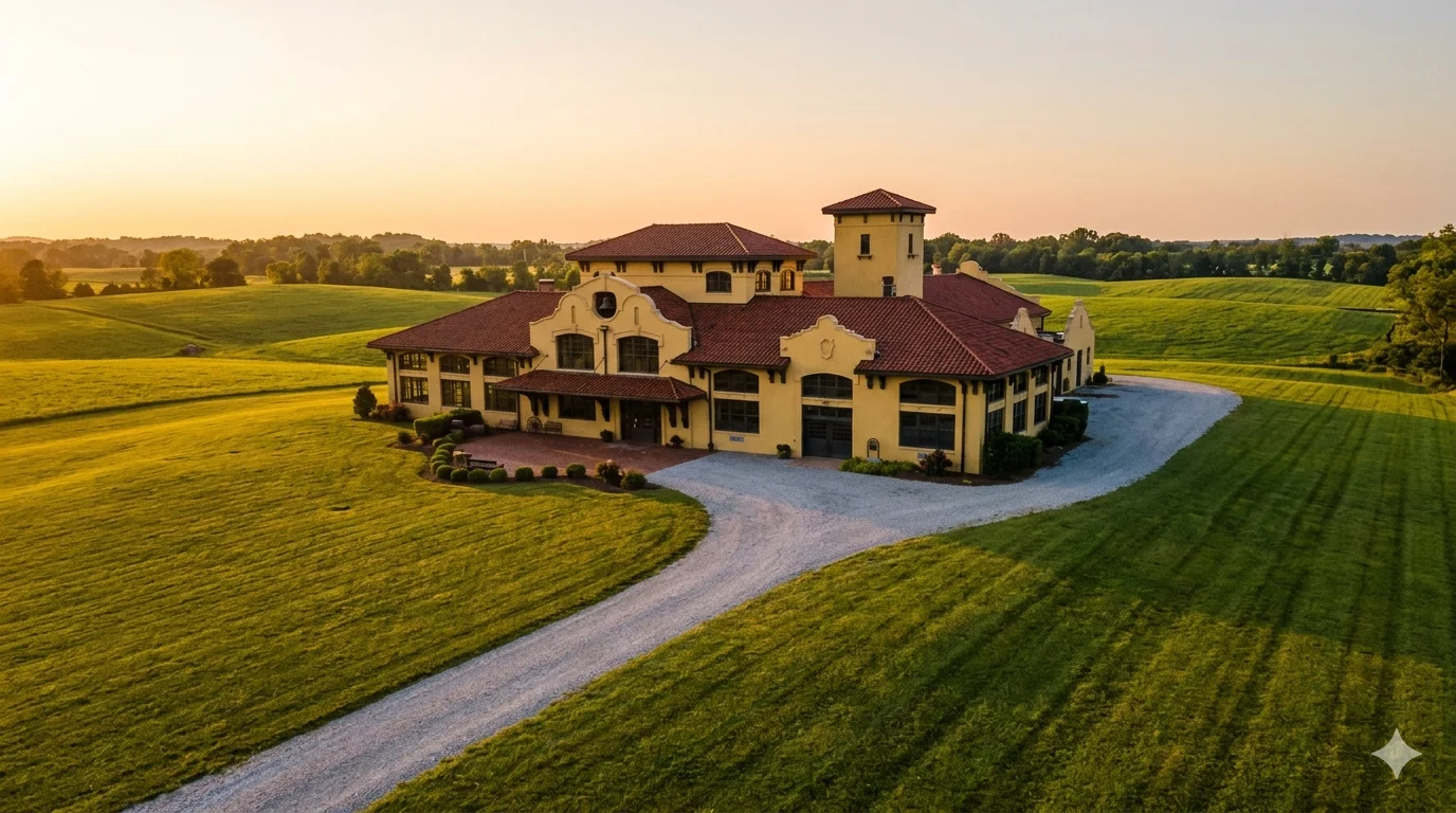 Yellow Spanish Mission-style bourbon distillery building with red tile roof at golden hour
