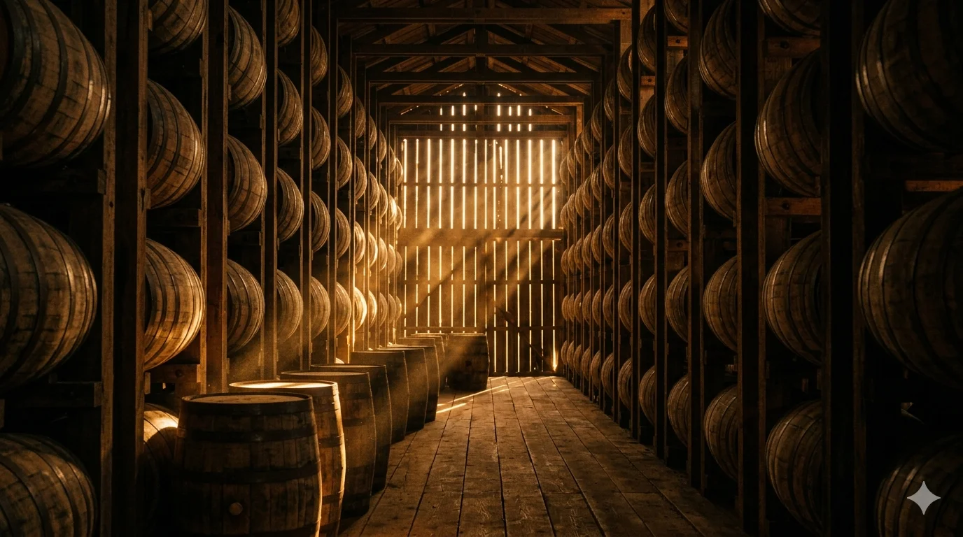 Sunlight beams through wooden slat walls of a Kentucky rickhouse stacked with bourbon barrels