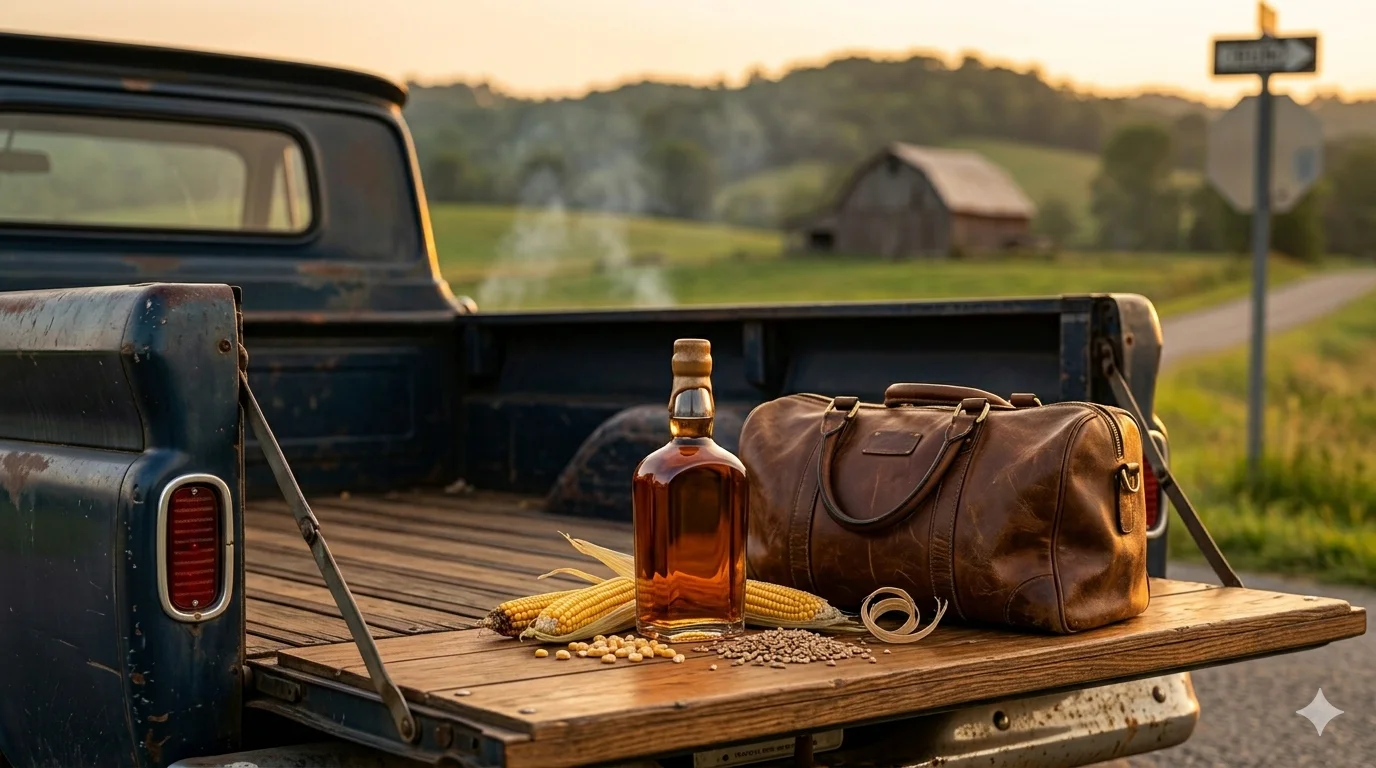 A bottle of bourbon and a leather weekender bag on the open tailgate of a vintage pickup truck at golden hour, Kentucky country road