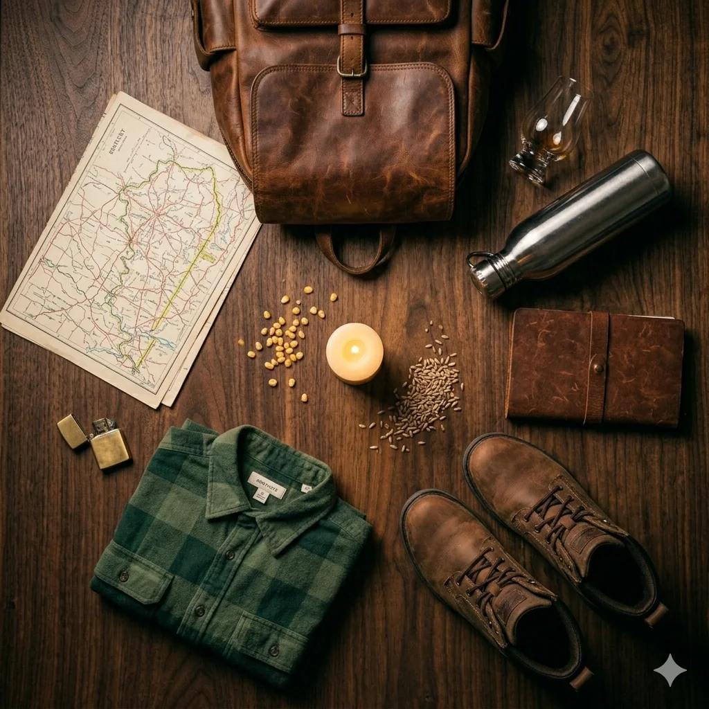 Flat-lay of trail-ready packing essentials on dark walnut: leather backpack, Glencairn glass, water bottle, notebook, boots, flannel, map, lighter