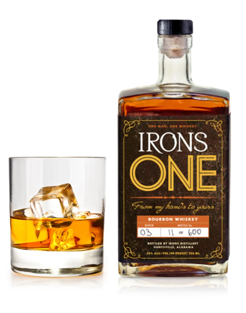 Irons One Bourbon Whiskey bottle, Batch 03, Bottle 11 of 600, 90 proof, Huntsville Alabama