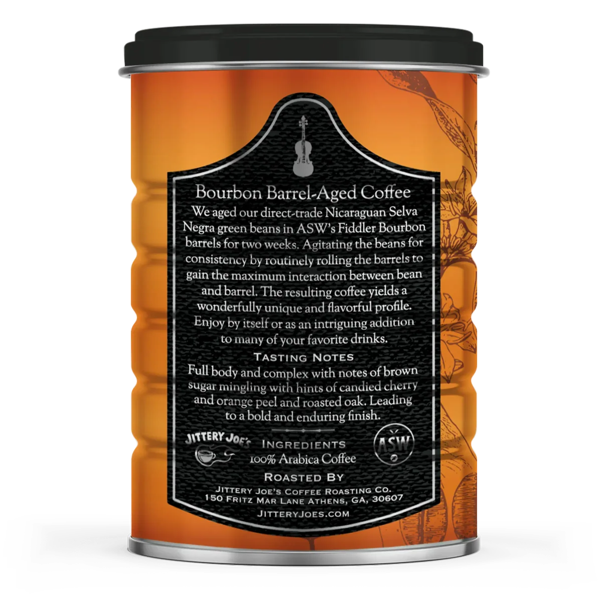 Back label of the Jittery Joe's Fiddler Bourbon Barrel-Aged Coffee can — tasting notes of sweet, clove, toffee with smooth lingering finish