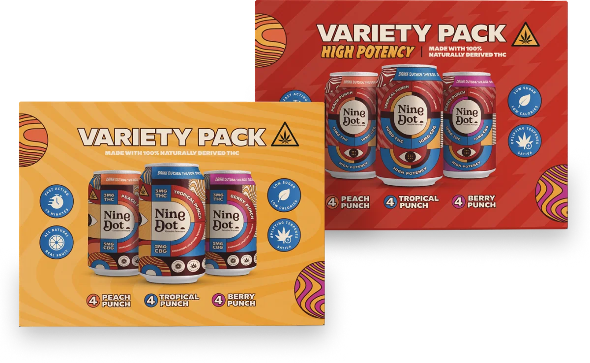 Nine Dot variety packs in Tropical Punch, Berry Punch, and Peach Punch flavors, available in both 3mg and 10mg THC strengths