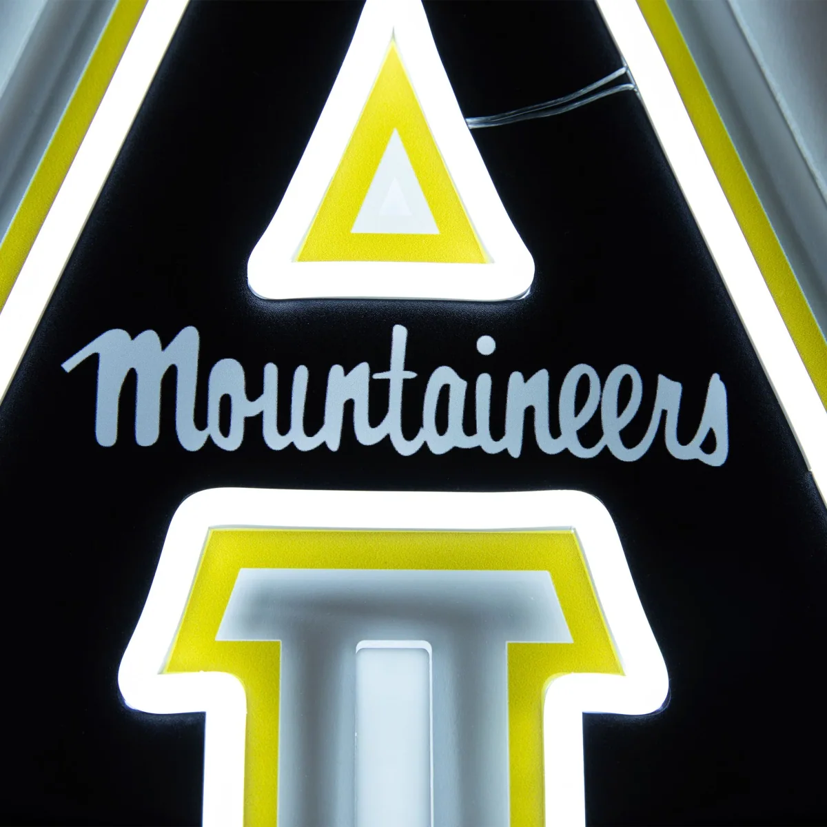 Detail of a Saturday Neon Appalachian State Mountaineers sign — UV-printed art combined with LED neon outlines on a CNC-machined acrylic backer