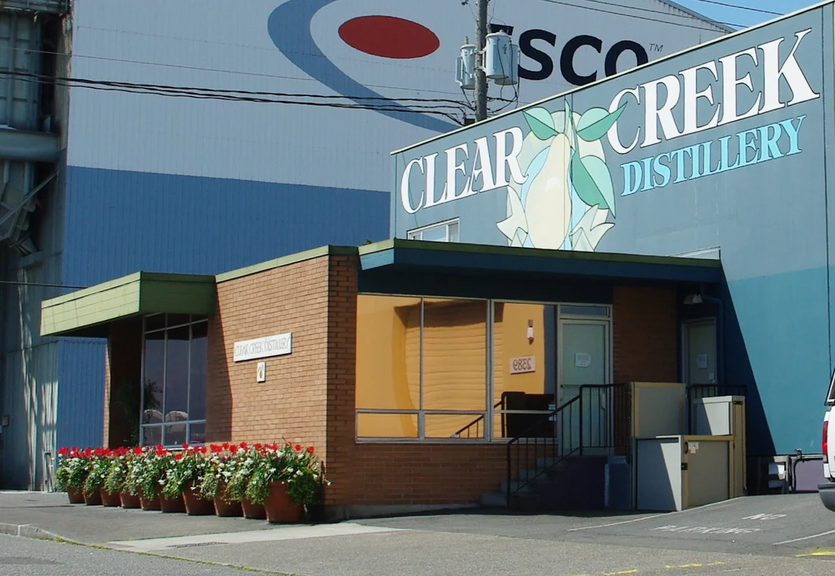 Exterior signage of Clear Creek Distillery in Portland, Oregon