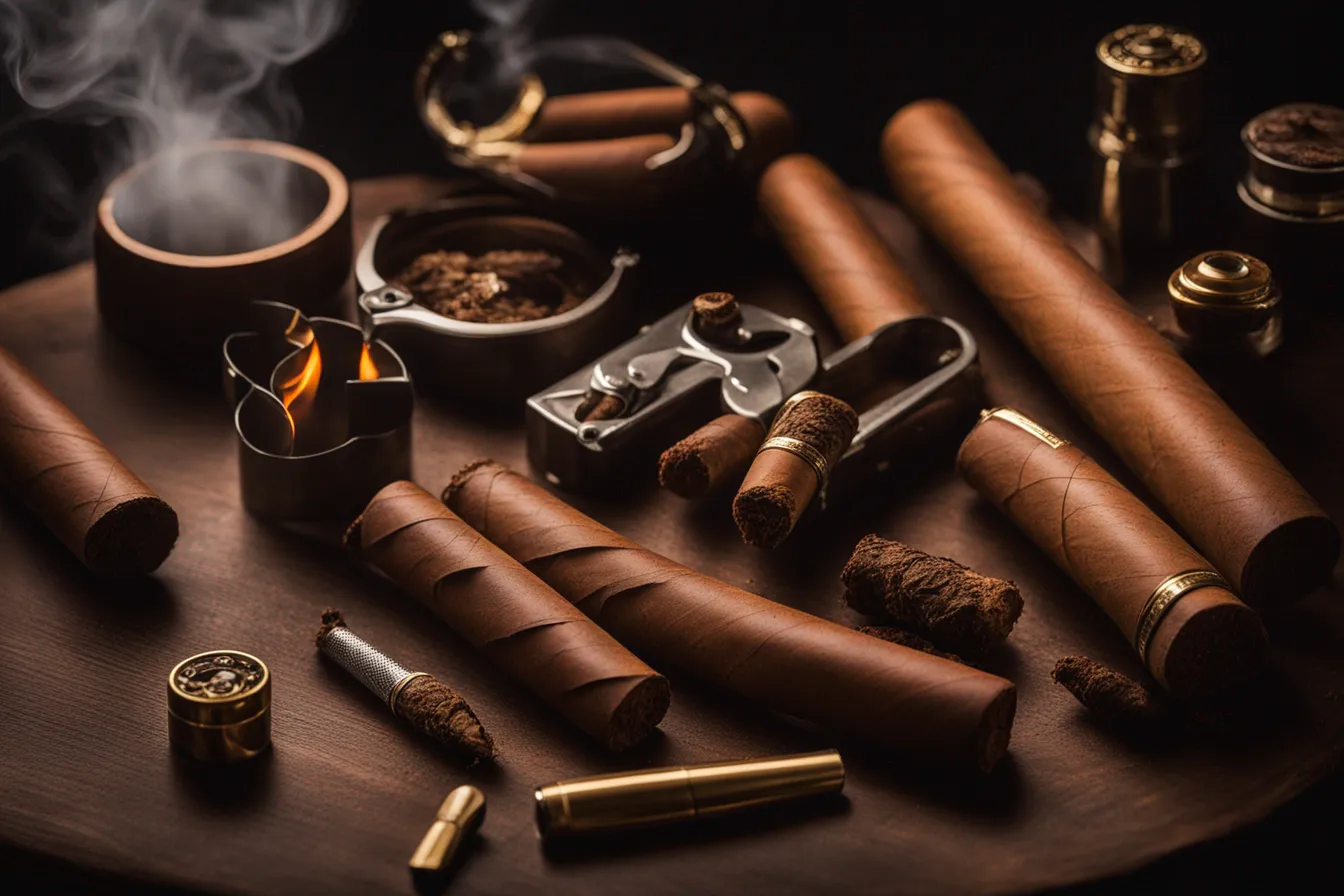Premium cigars on a cedar humidor with cutter and lighter