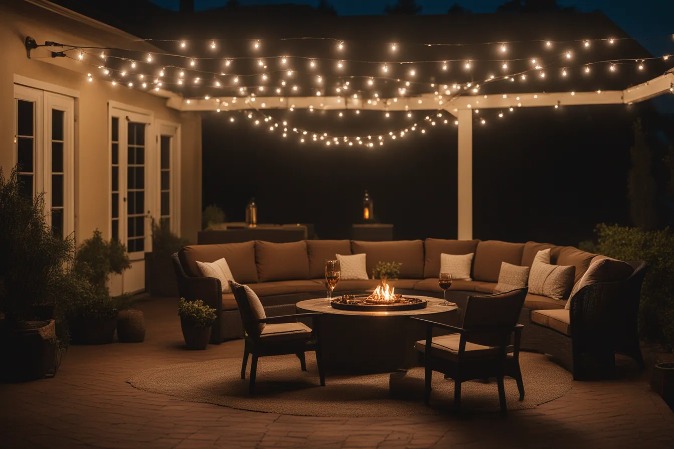 Covered patio set up for an evening gathering with string lights