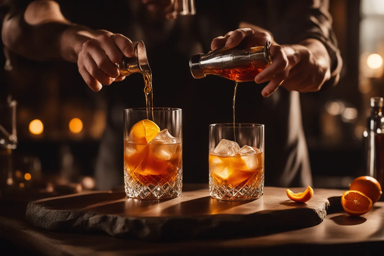 Crafting an Old Fashioned at a home bar