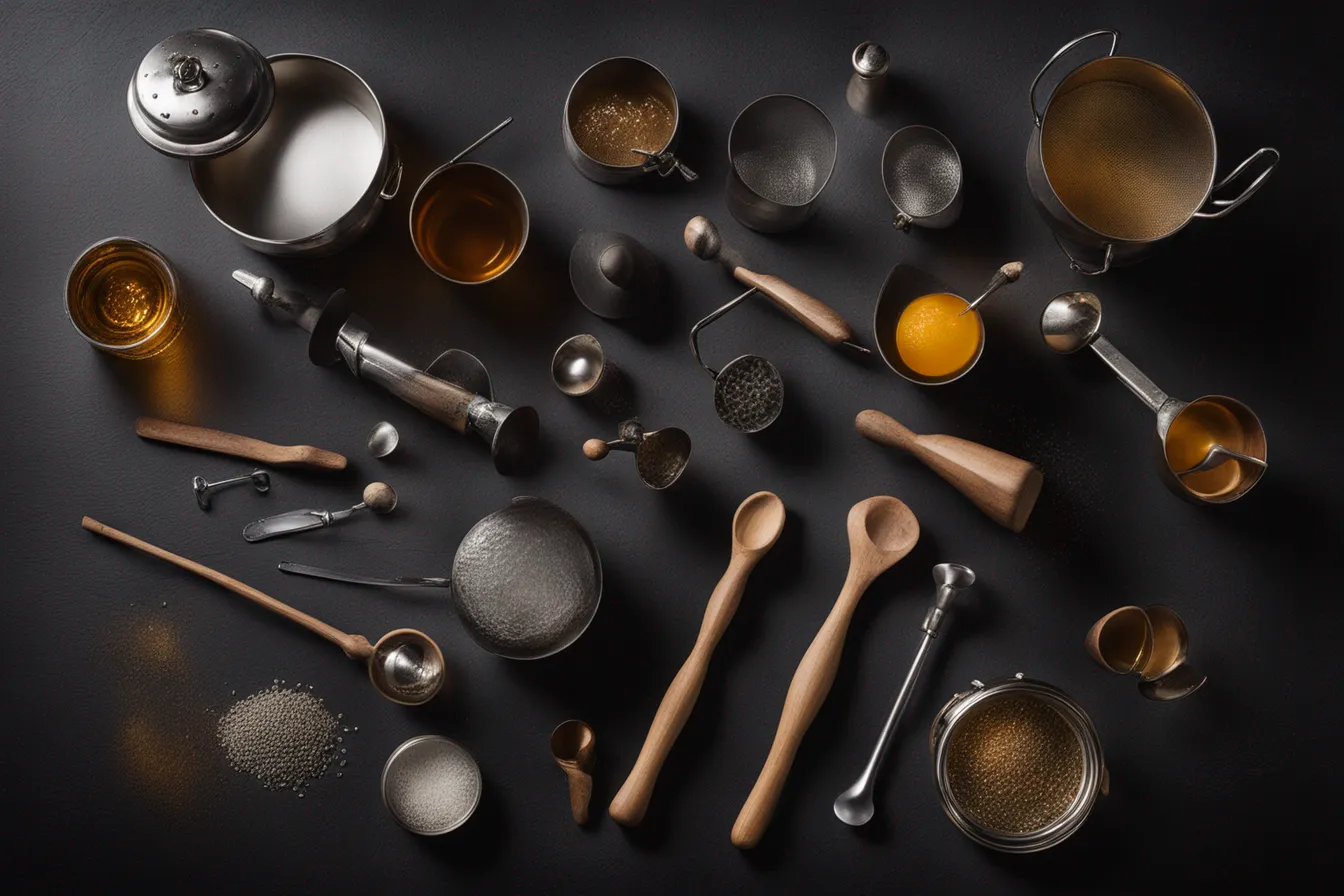 Essential cocktail bar tools laid out