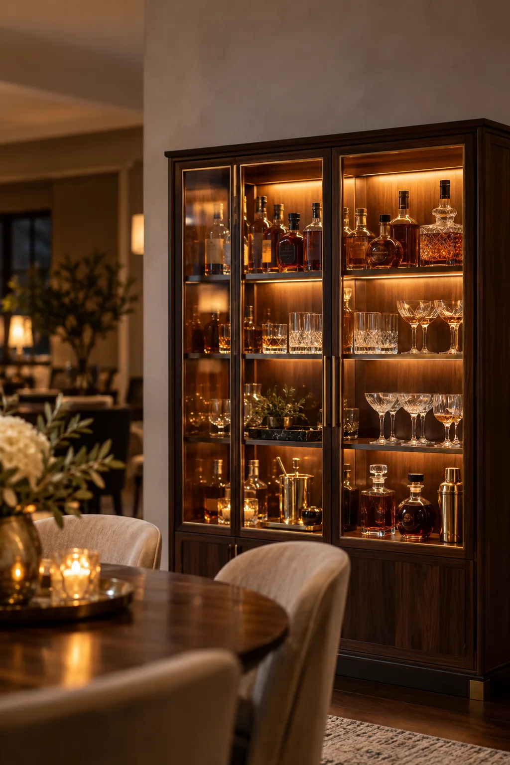 Bar Cabinet Idea: tall glass-front bar cabinet lit from inside with bottles and crystal glassware