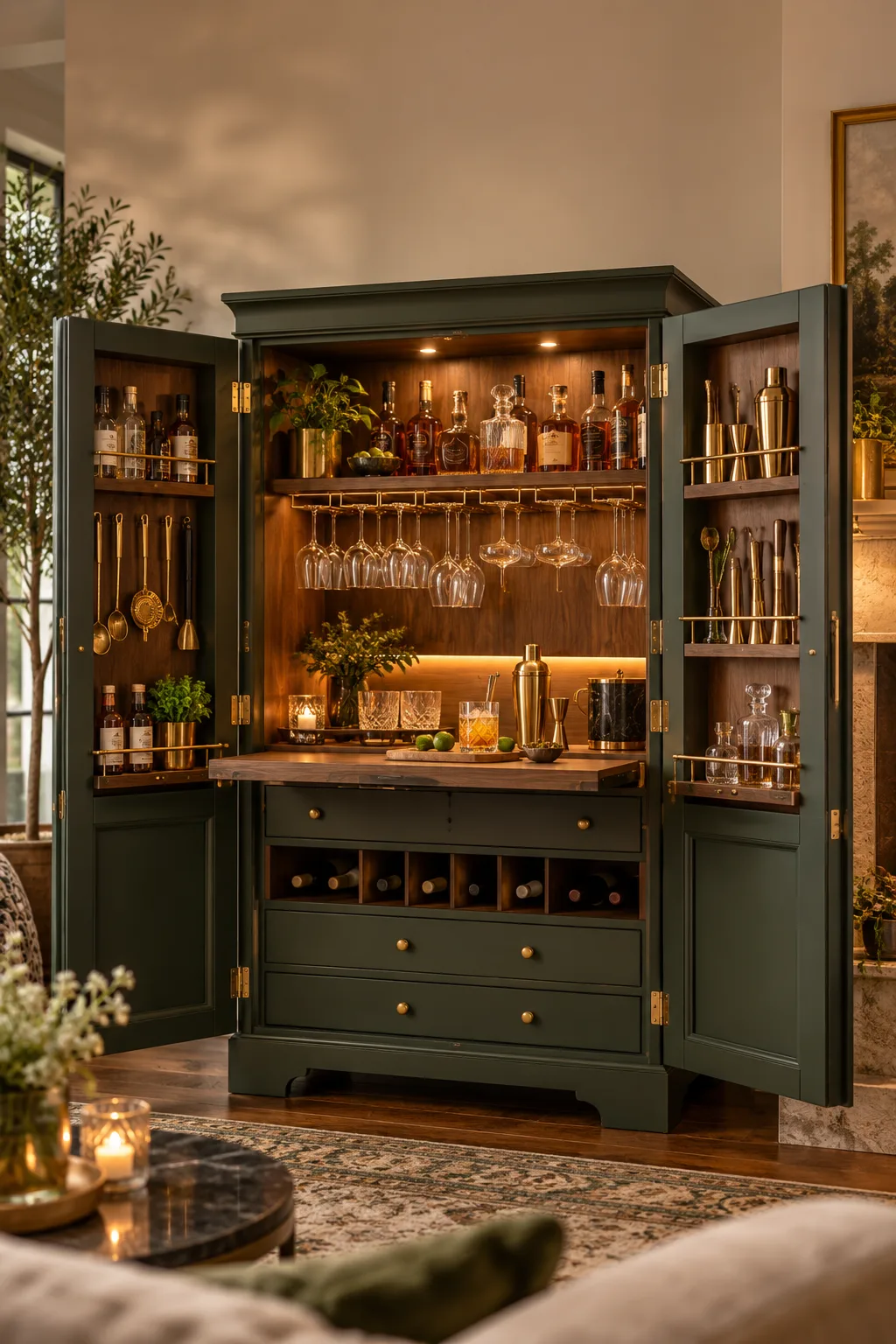 Bar Cabinet Idea: bar armoire with doors folded open revealing shelves, glass racks and a pull-out counter