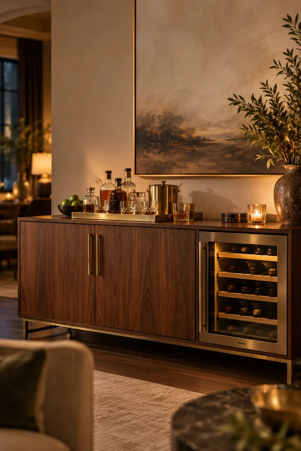 Bar Cabinet Idea: low bar credenza with a built-in glass-door wine fridge and a tray of bottles on top