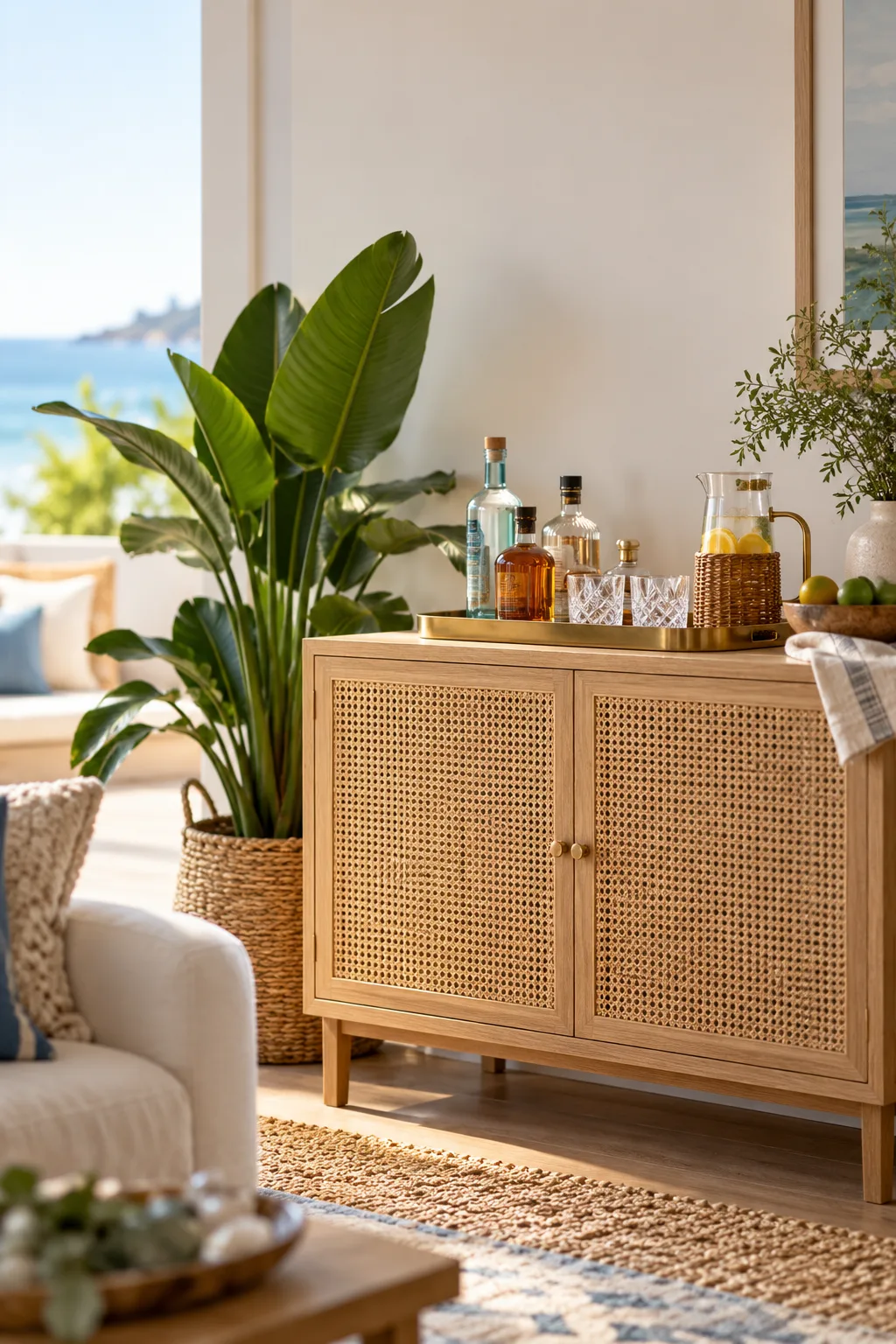 Bar Cabinet Idea: light wood bar cabinet with woven cane doors and a plant on top