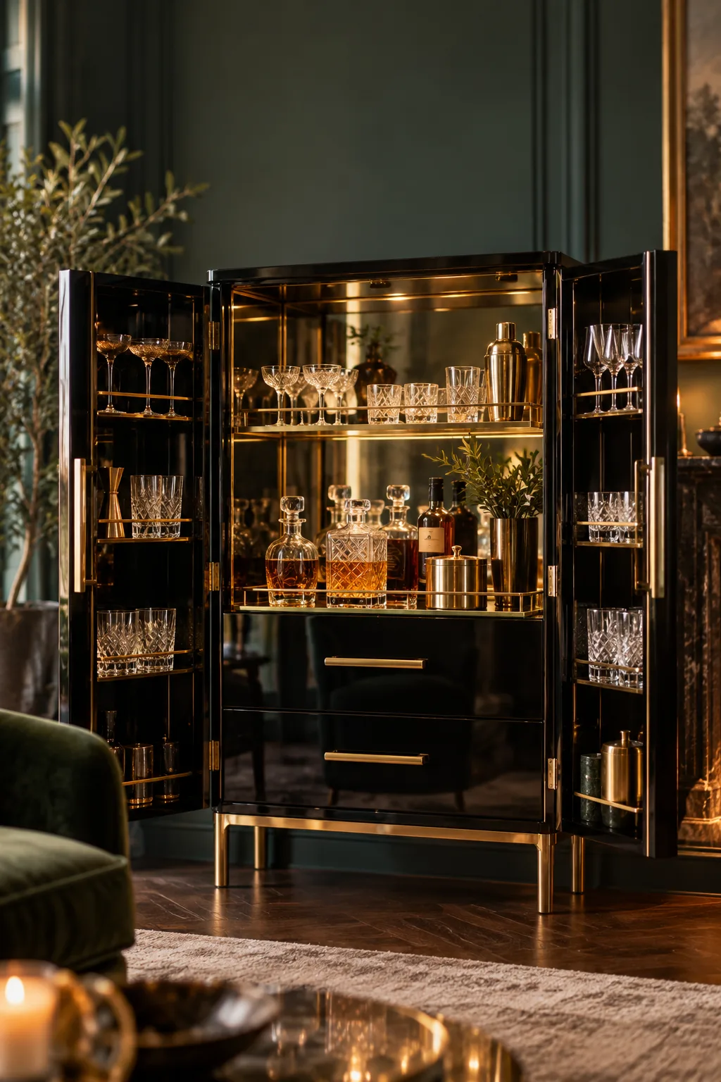 Bar Cabinet Idea: glossy black bar cabinet with brass hardware open to a mirrored interior