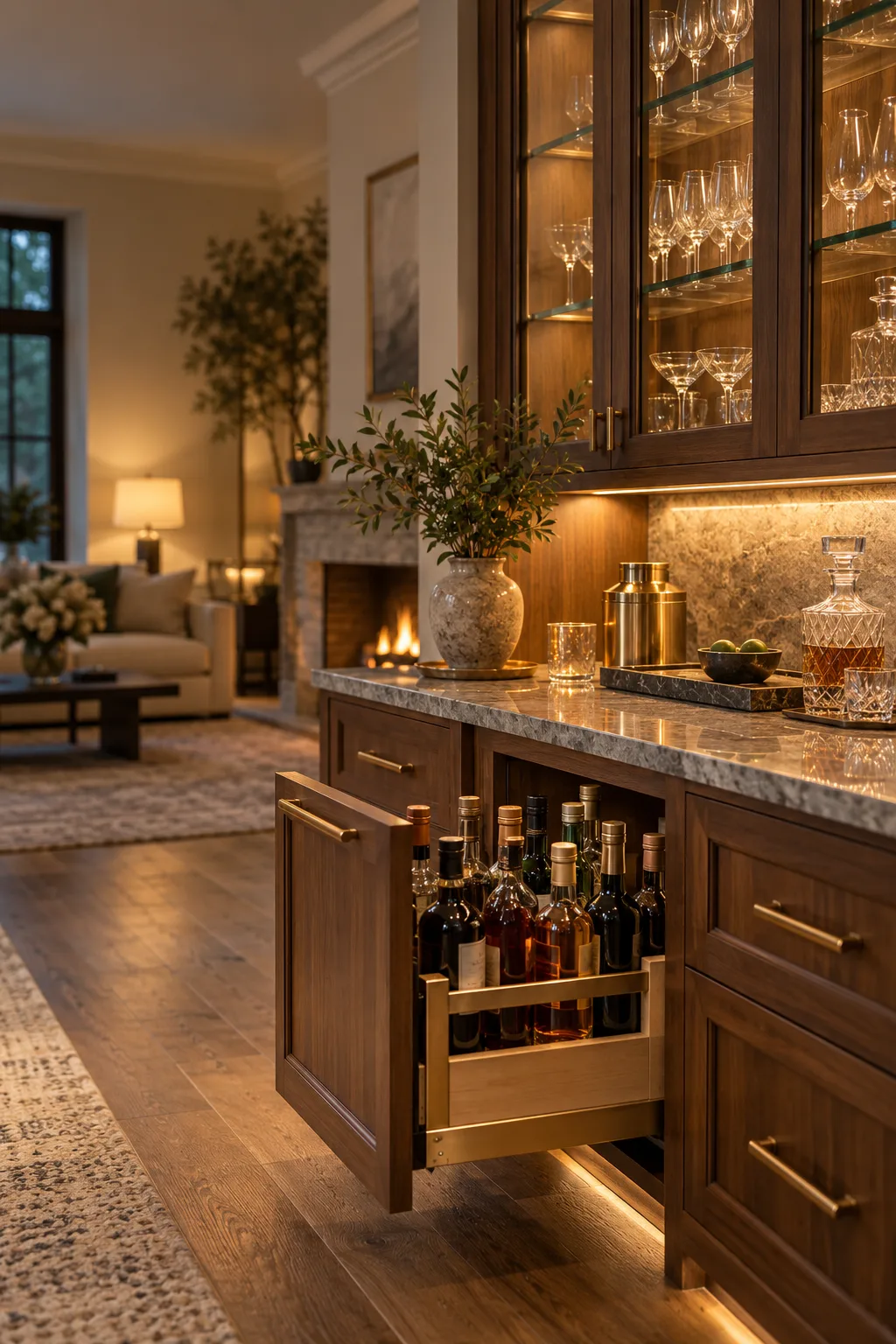 Bar Cabinet Idea: built-in bar cabinetry with pull-out bottle shelves and a stone counter
