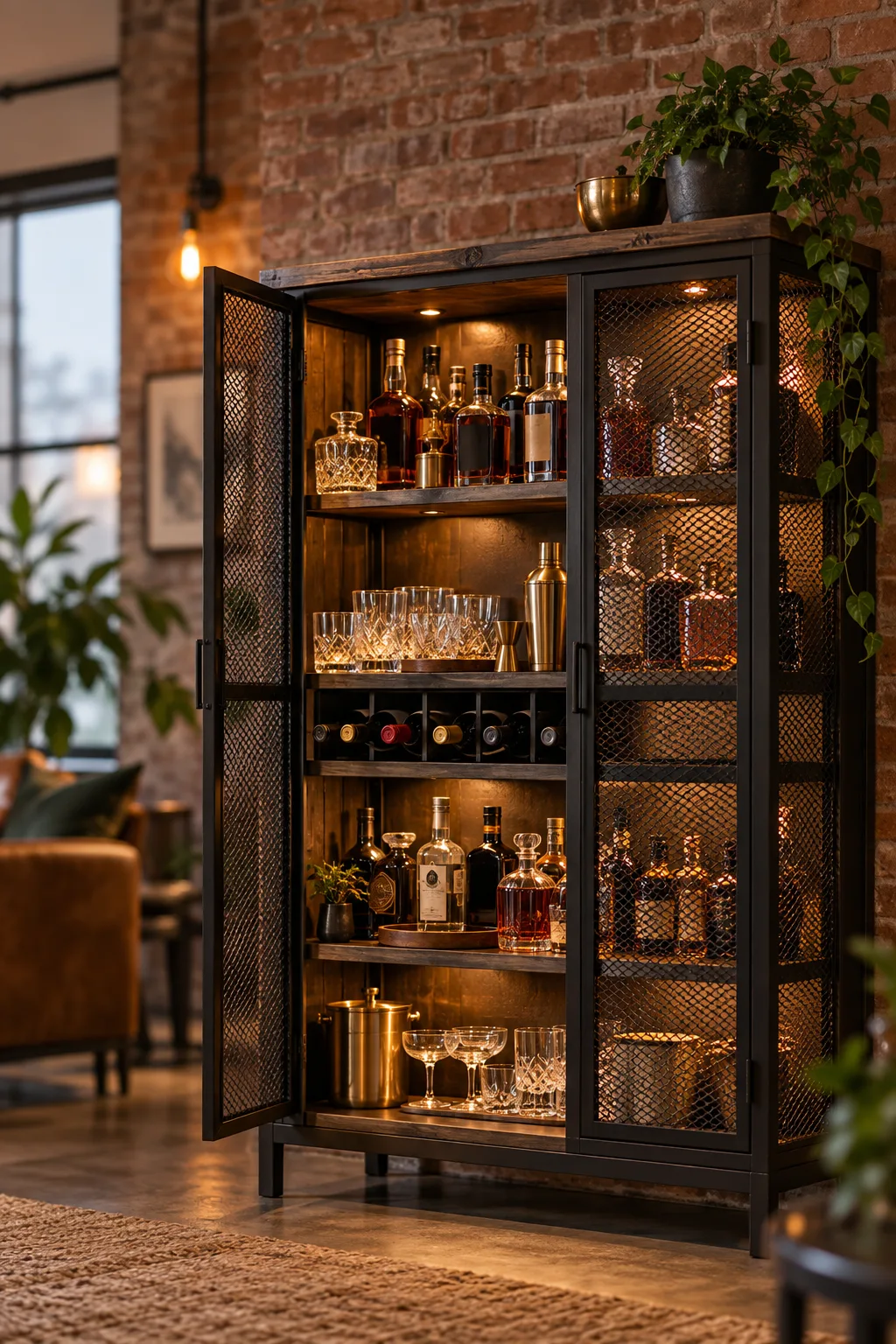 Bar Cabinet Idea: industrial bar cabinet with a black steel frame, mesh doors and reclaimed wood shelves