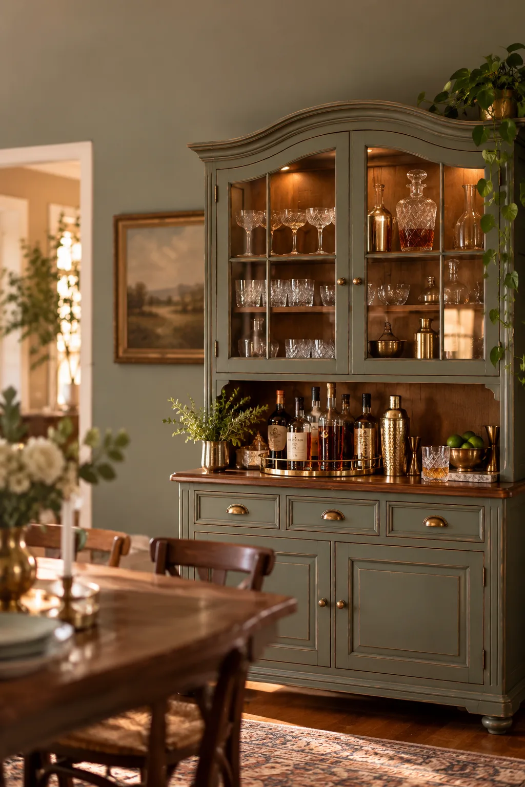 Bar Cabinet Idea: vintage painted china hutch converted into a bar with bottles and glasses on display