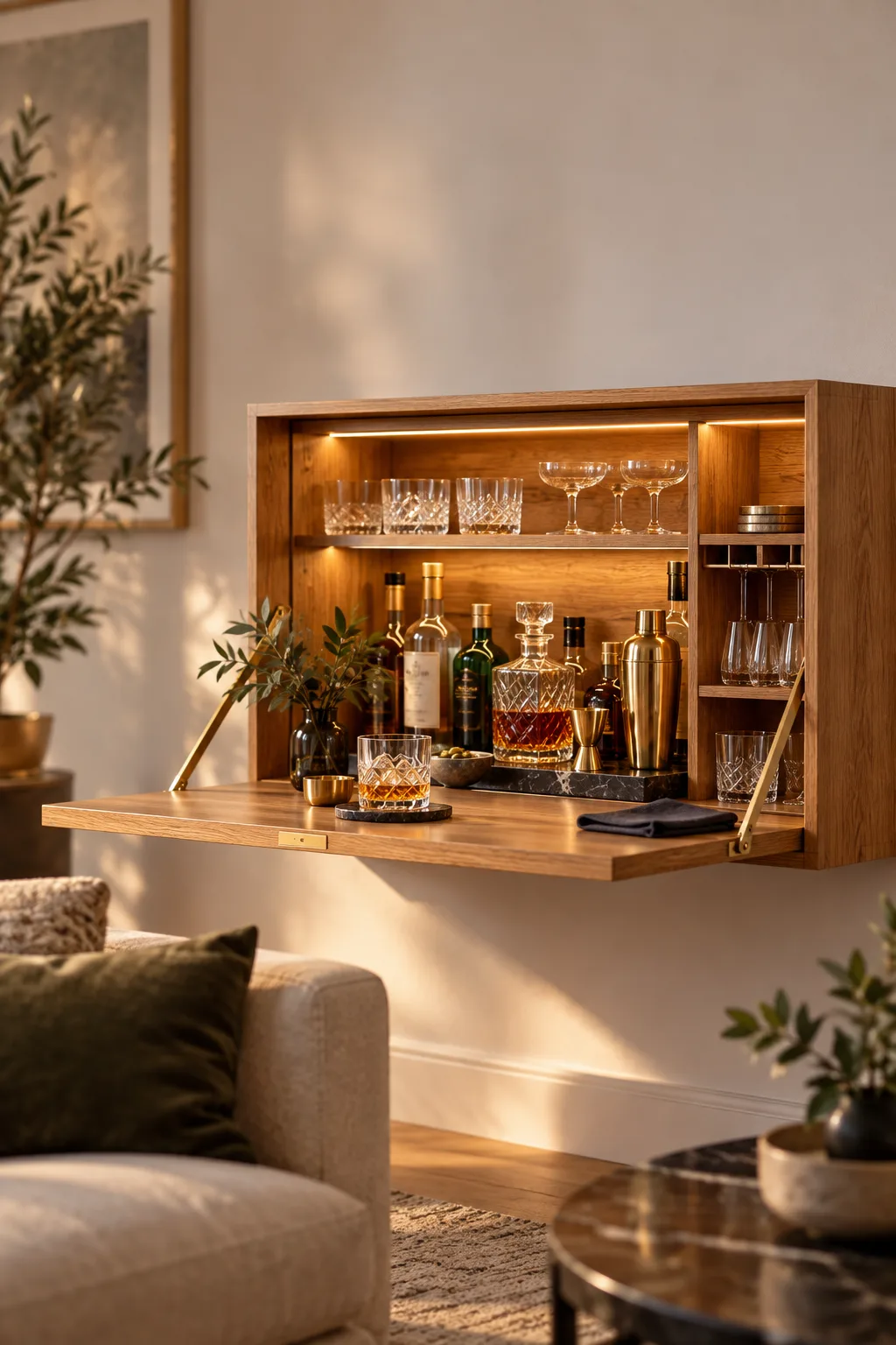 Bar Cabinet Idea: wall-mounted floating bar cabinet with a drop-down door and bottles inside