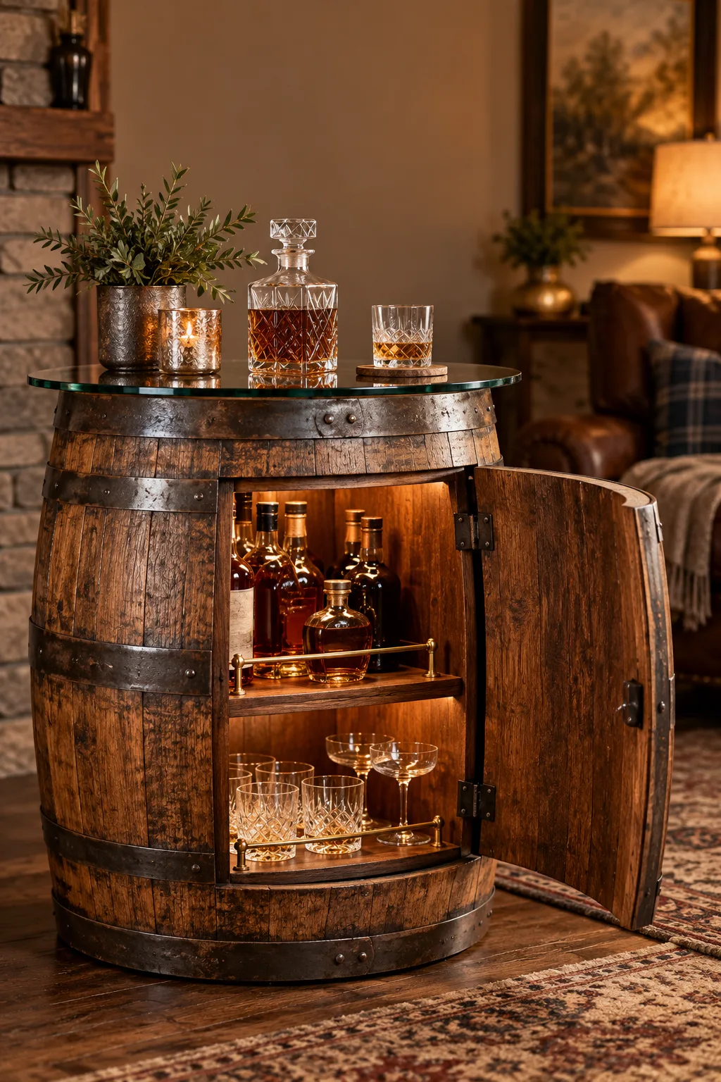 Bar Cabinet Idea: bar cabinet made from a whiskey barrel with a door cut into the front
