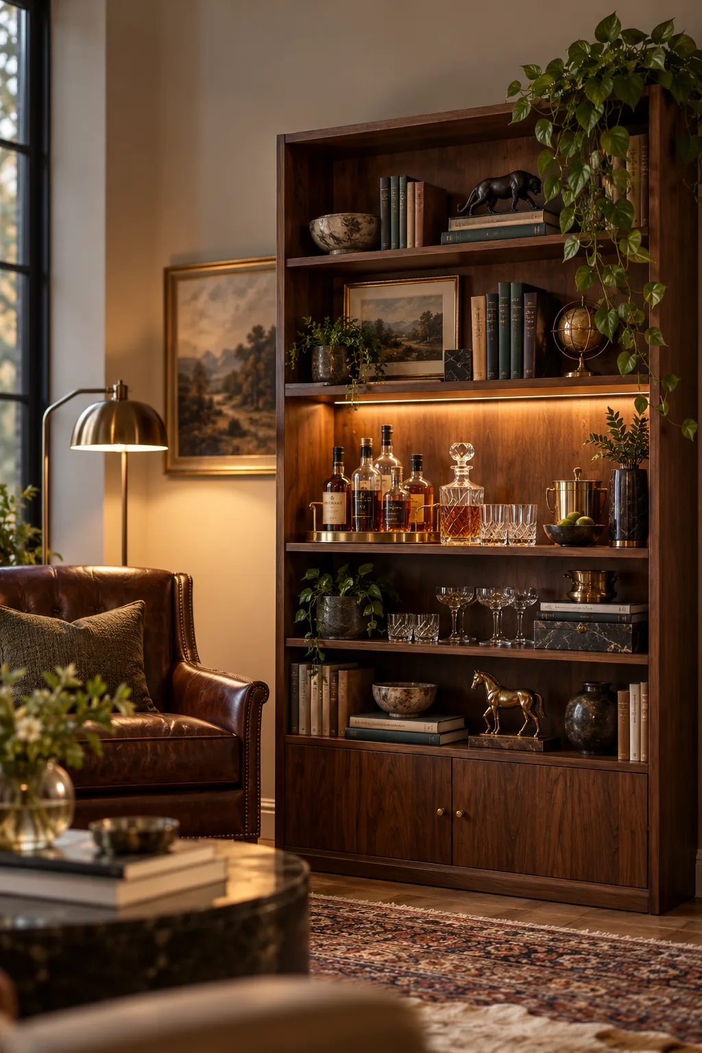 Bar Cabinet Idea: tall open bookcase cabinet with a bar section of bottles among books