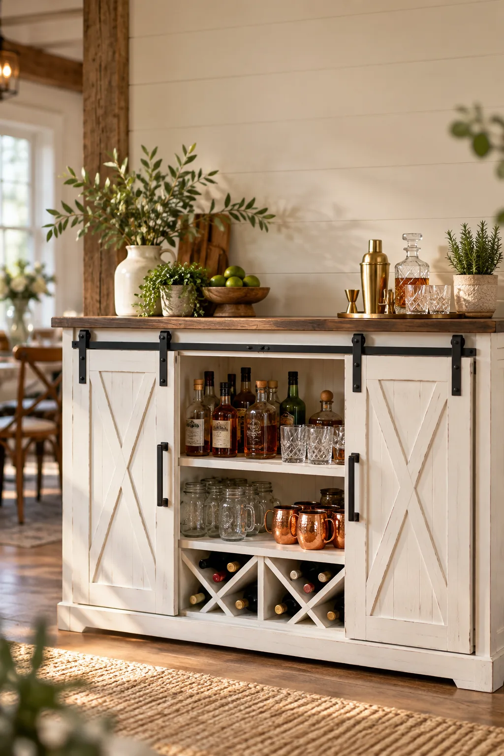 Bar Cabinet Idea: farmhouse bar cabinet with sliding barn doors partly open to bottles and mugs