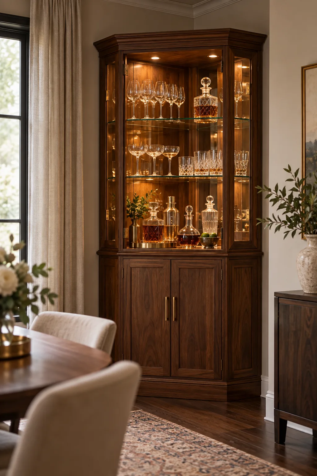 Bar Cabinet Idea: tall corner hutch styled as a bar with glass shelves and a lower cabinet
