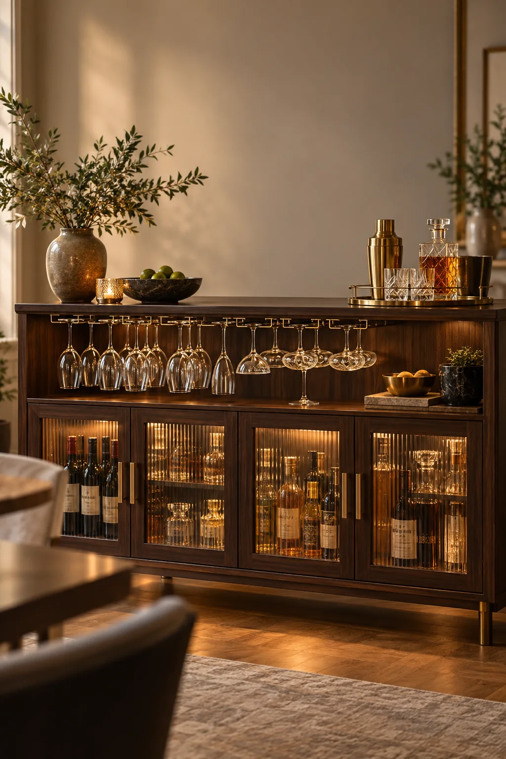 Bar Cabinet Idea: low bar cabinet with hanging stemware racks under a top shelf