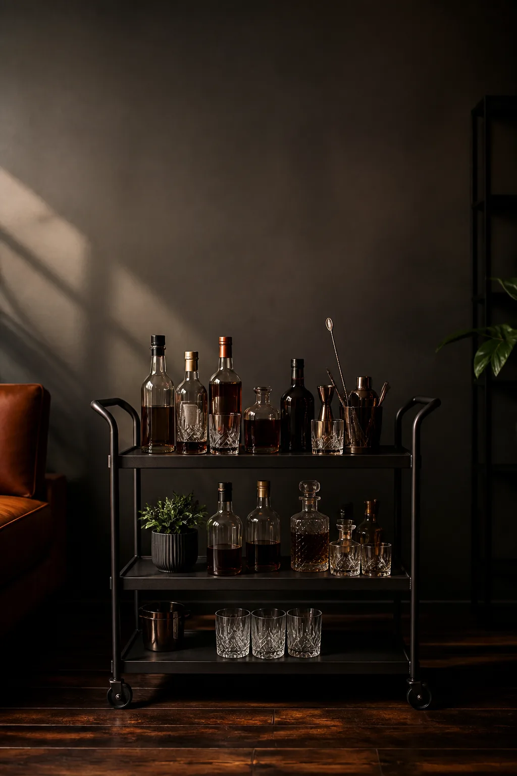 Matte black industrial metal bar cart with amber spirits