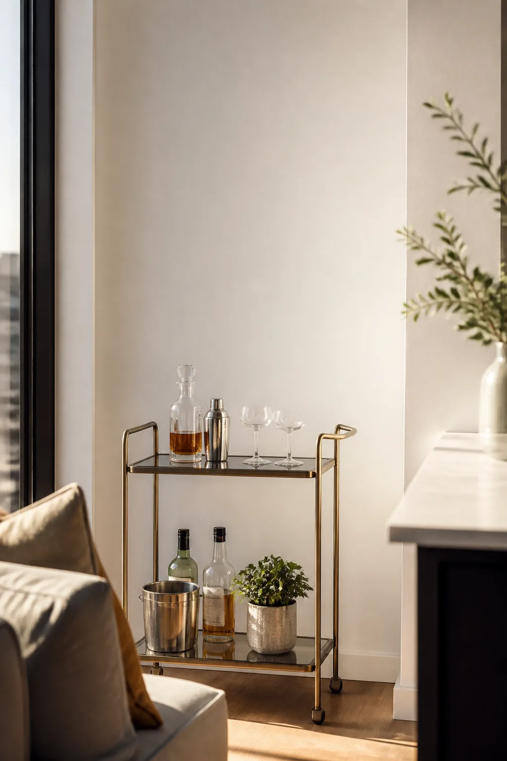 Slim narrow bar cart in a small apartment corner