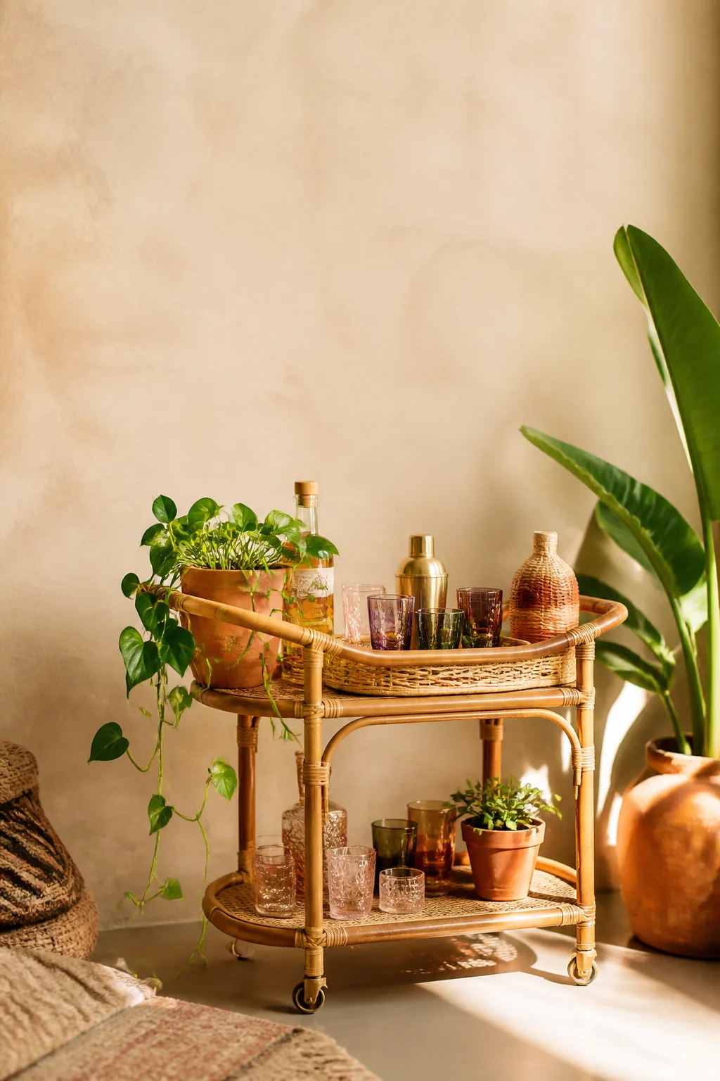 Rattan and cane boho bar cart with woven textures and plants