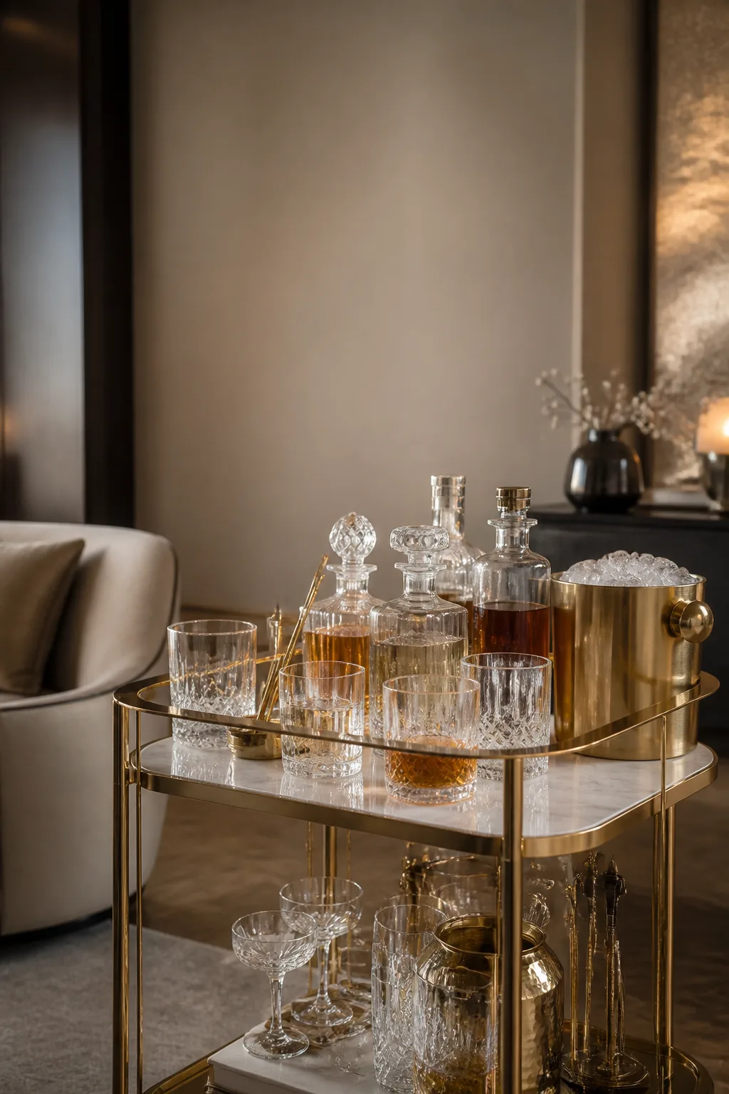 Luxe bar cart with white marble top and gold frame