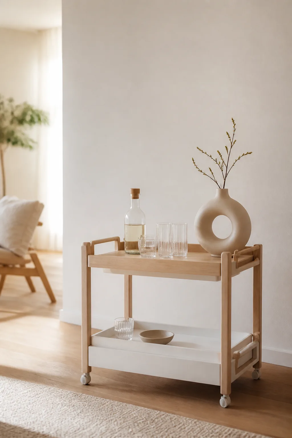 Minimalist Scandinavian bar cart in pale oak and white