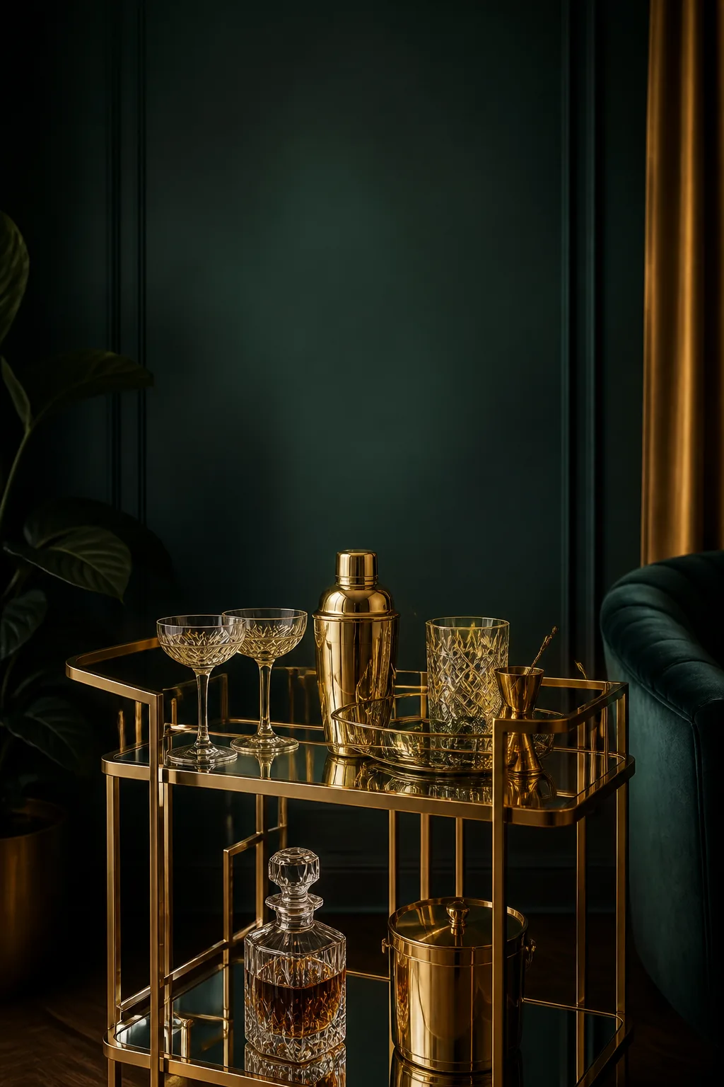 Glamorous Art Deco mirrored bar cart with gold geometric accents