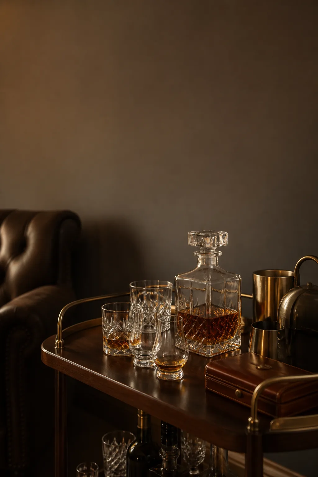 Dark wood bar cart styled for whiskey with a crystal decanter set