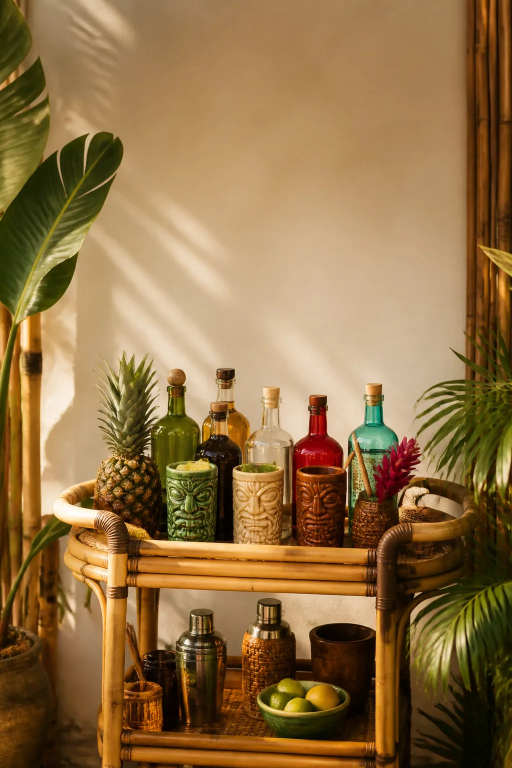 Tropical tiki-styled bar cart with bamboo accents and carved mugs