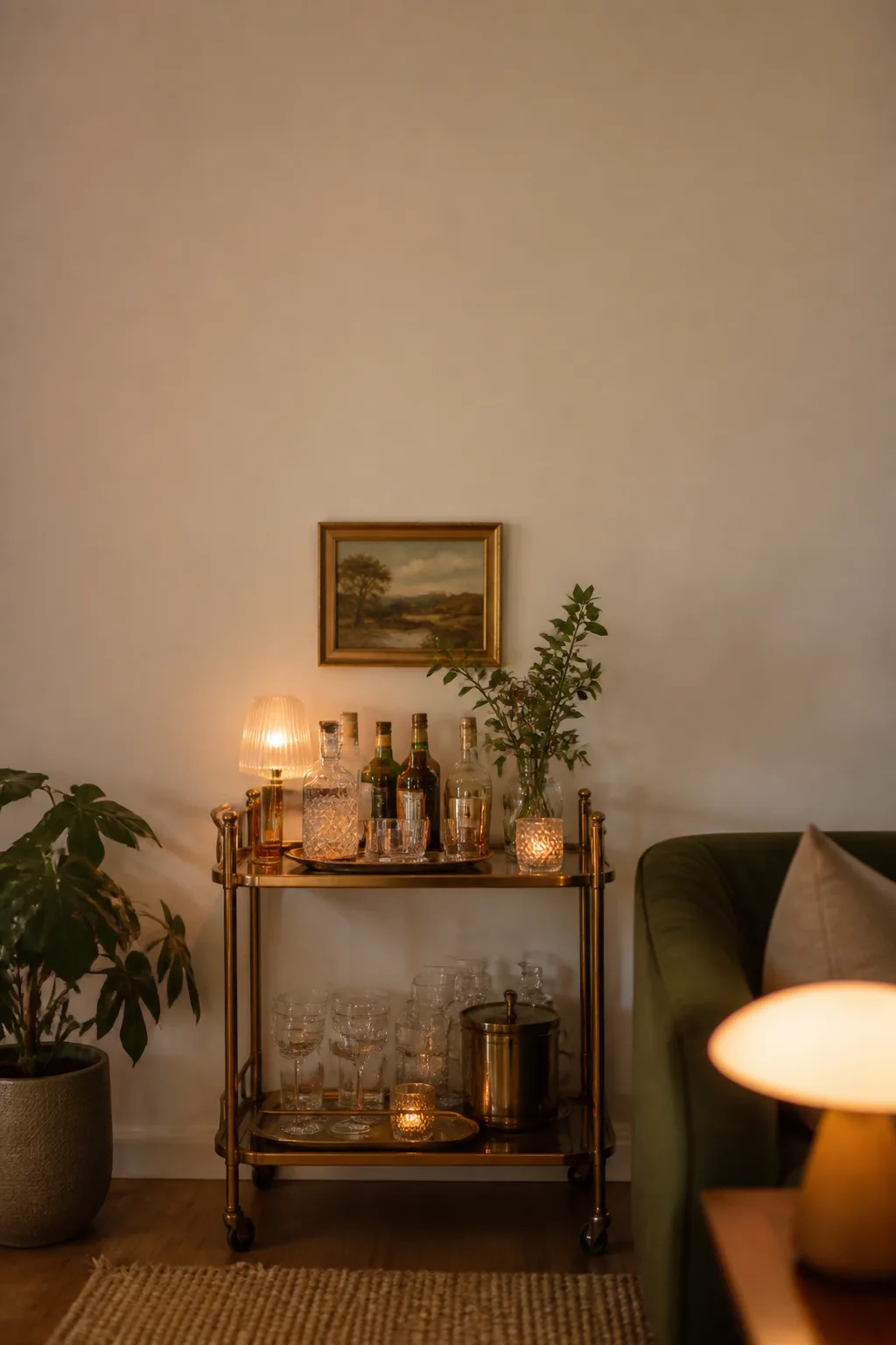 Bar cart styled in a cozy corner nook beneath framed art
