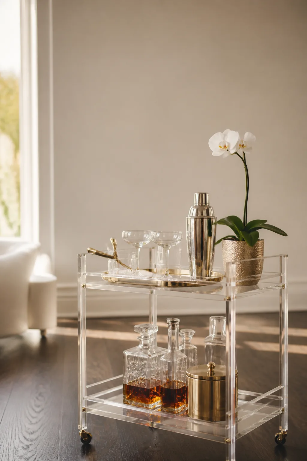 Modern clear acrylic lucite bar cart with cocktail shaker