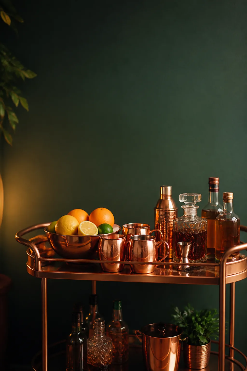 Warm copper-toned bar cart with copper mugs against a green wall