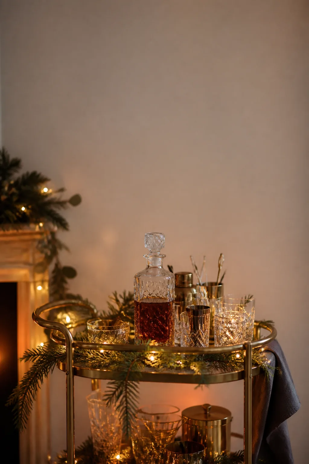 Festively styled bar cart with evergreen sprigs and warm string lights