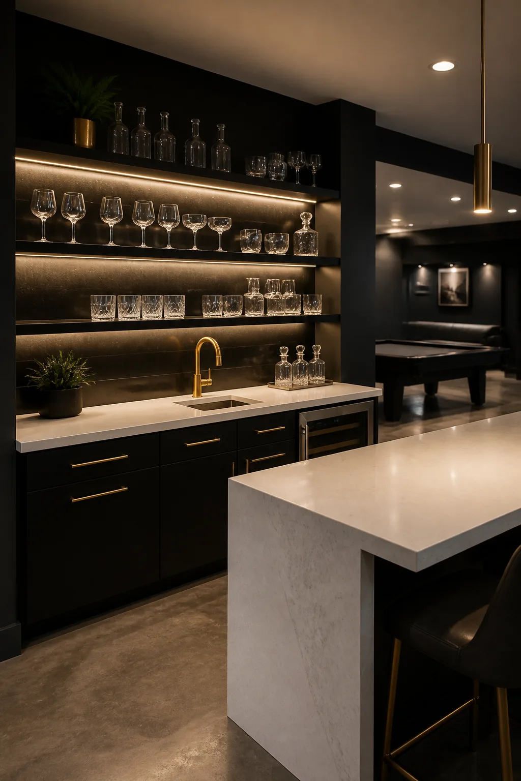 Sleek modern basement wet bar in matte black with brass hardware and backlit shelves
