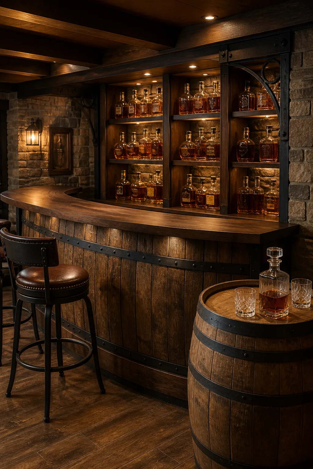 Rustic basement bar with a curved front clad in whiskey barrel staves