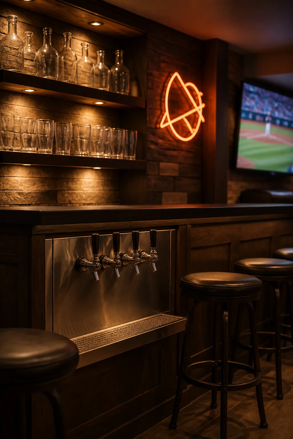 Basement sports bar with a built-in kegerator tap wall and neon sign