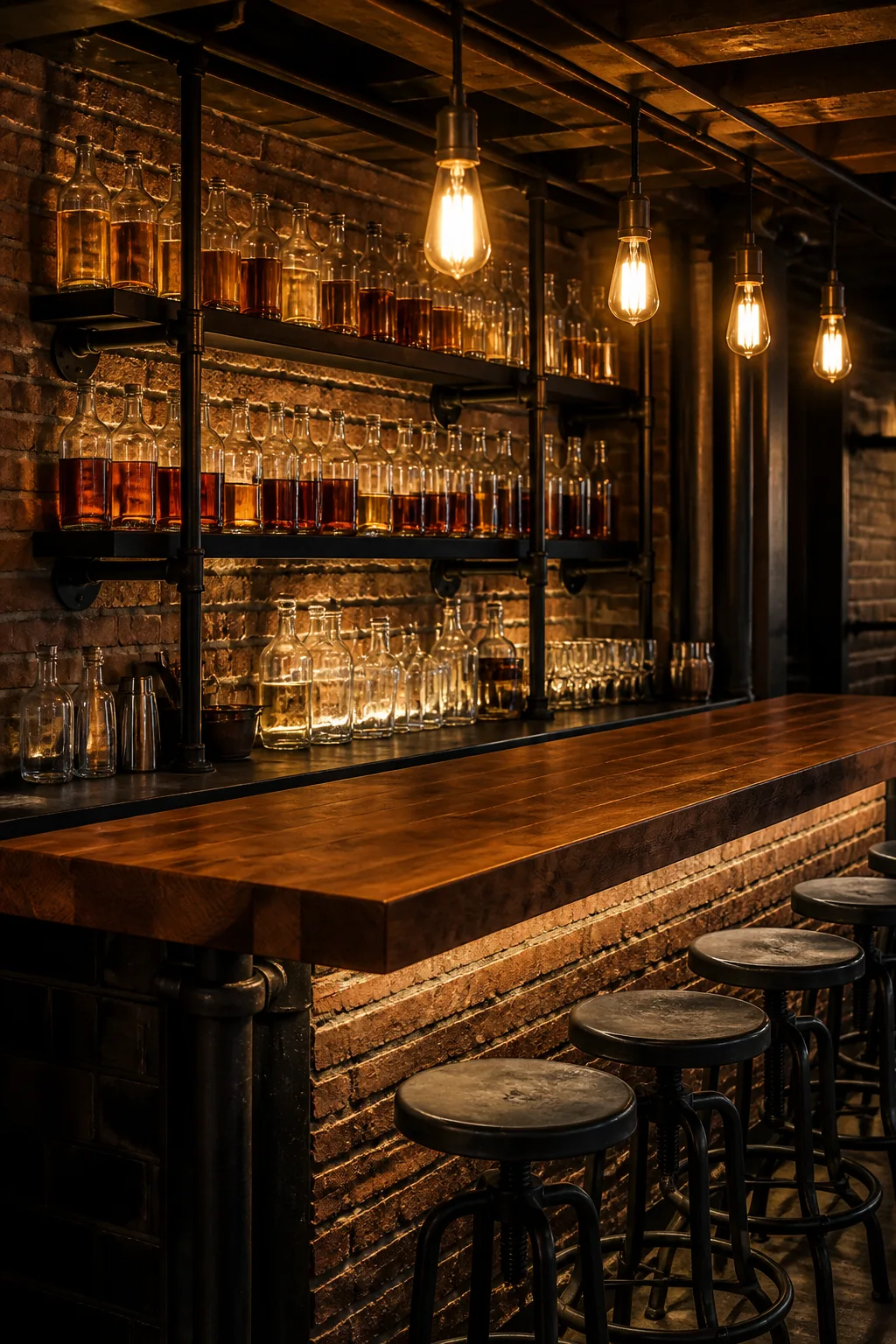 Industrial basement bar with black iron pipe shelving on a brick wall