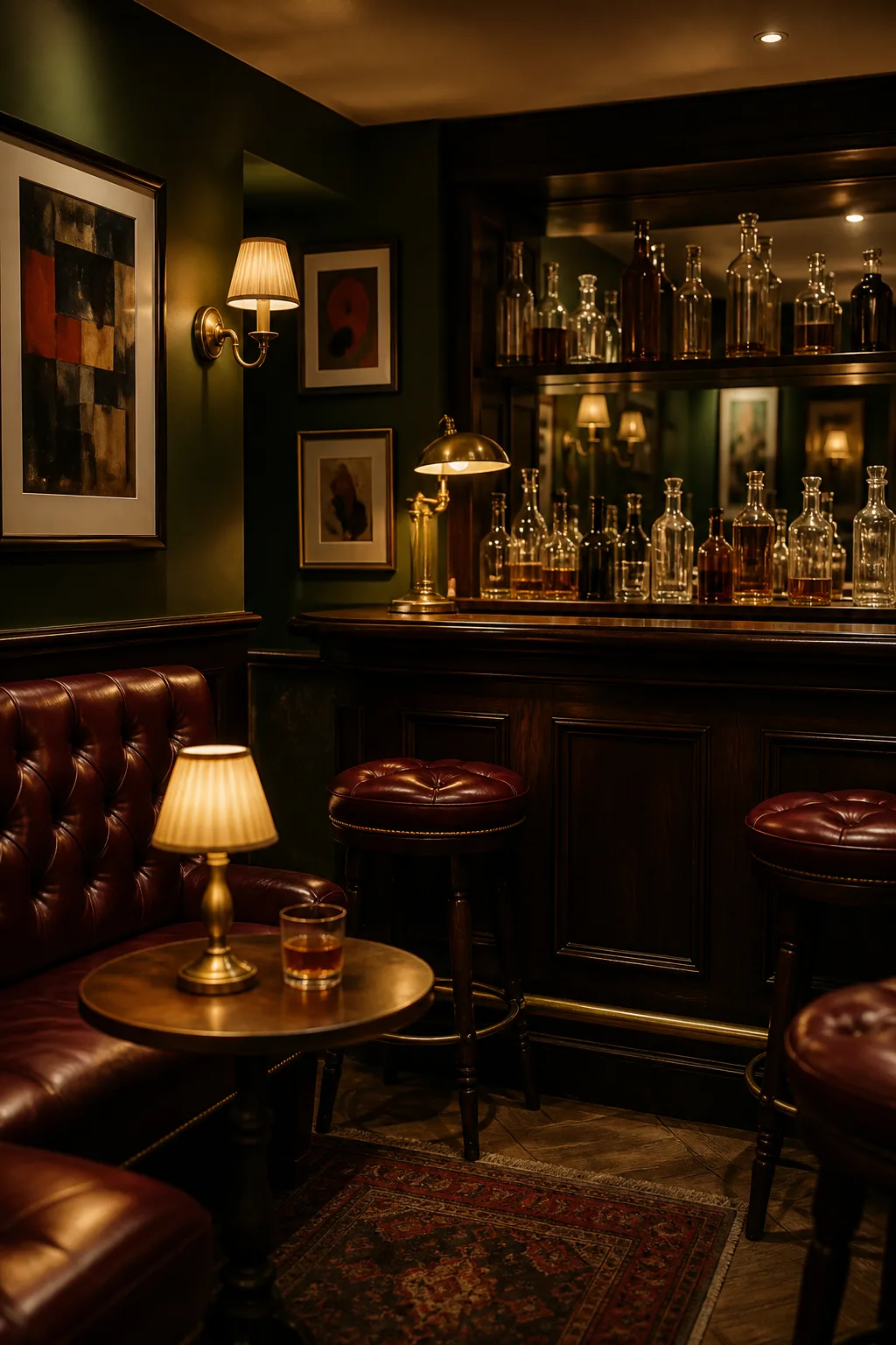 British pub-style basement snug with green walls and oxblood leather stools