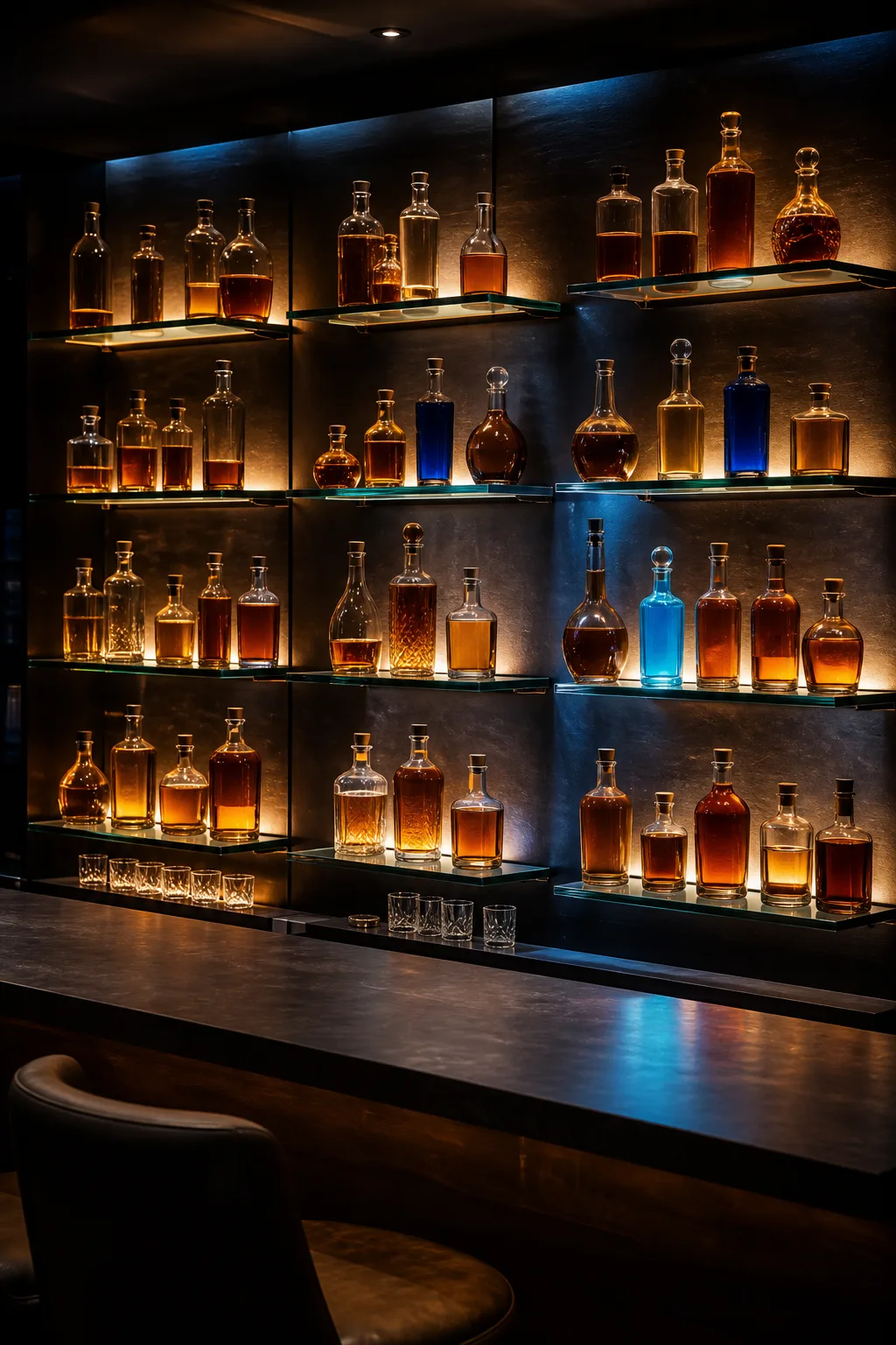 Dramatic backlit liquor display wall with glowing glass shelves in a basement bar