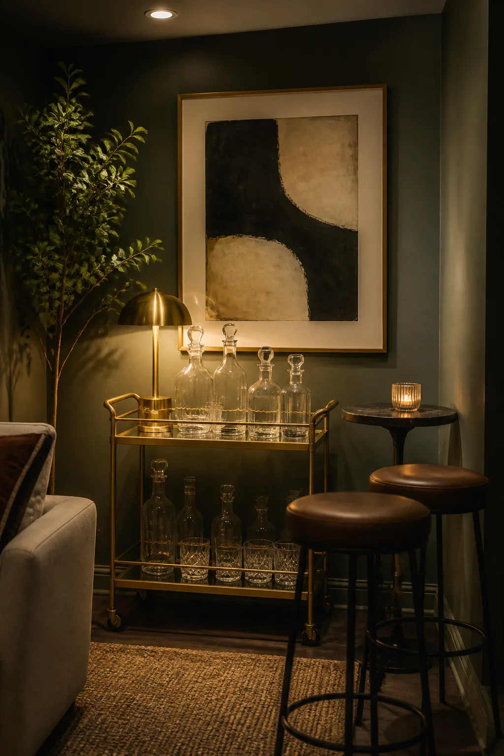 Compact basement corner styled with a gold bar cart and framed art