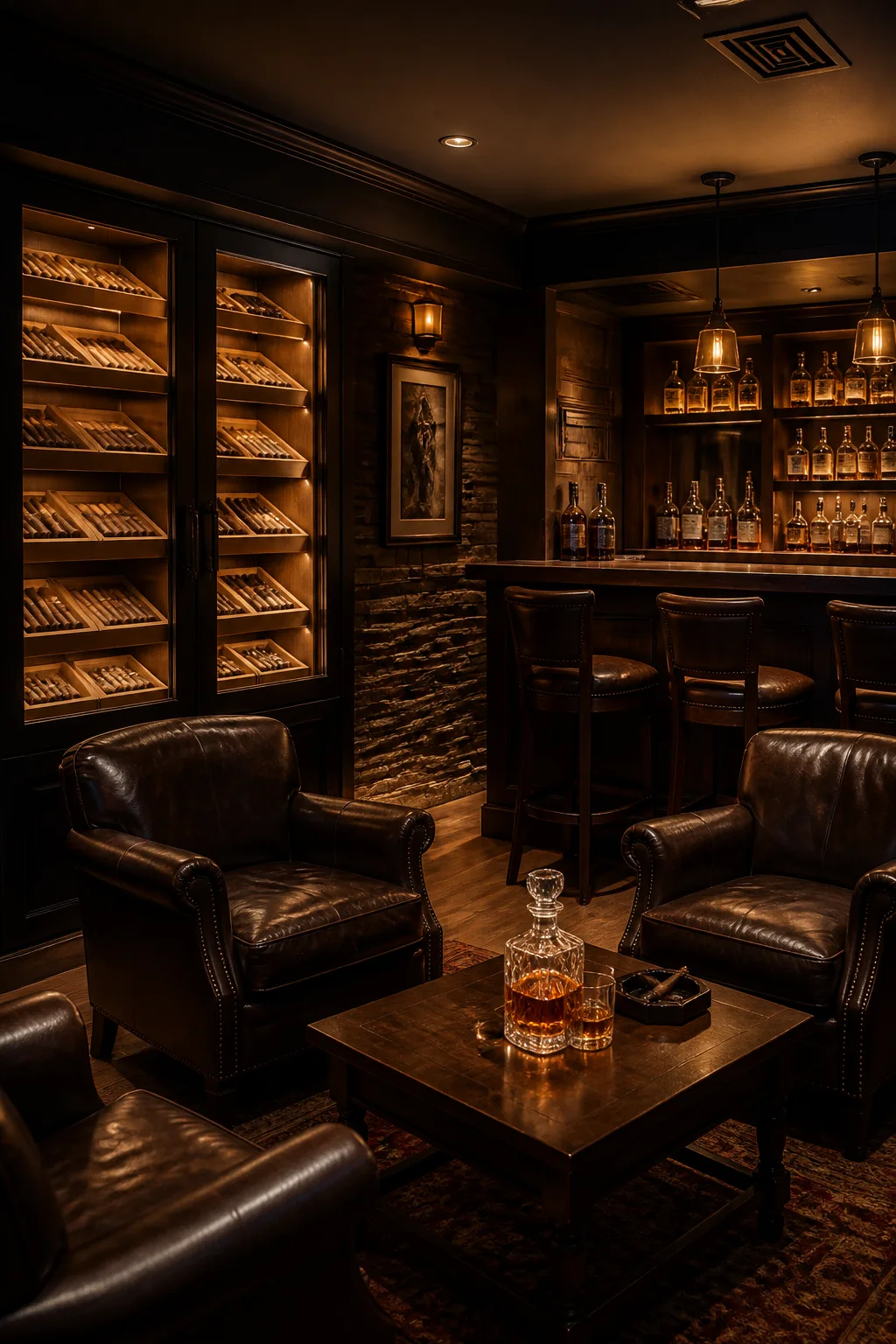 Basement cigar lounge with a glass-front humidor cabinet and leather club chairs